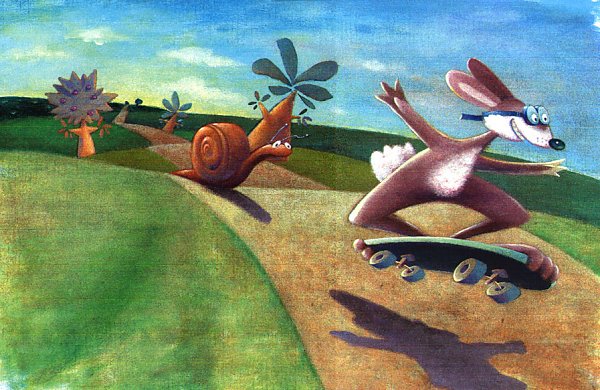 snigel och hare race painting snail on skateboard